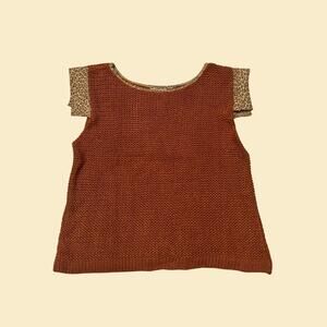 Vintage 70s S knit blouse, Marie Barone burnt orange with leopard print details